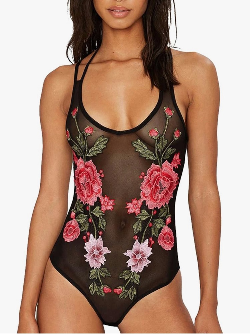 TOP CHIC Black Mesh Floral Embroidered Bodysuit with Pink Roses - Picture 3 of 13